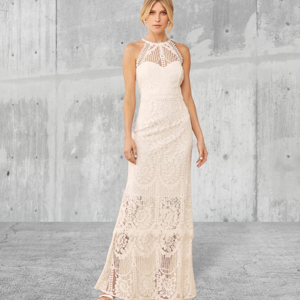 Lulus Magic in the Moment Off White Lace Tiered Maxi Dress Halter Bridal XL New